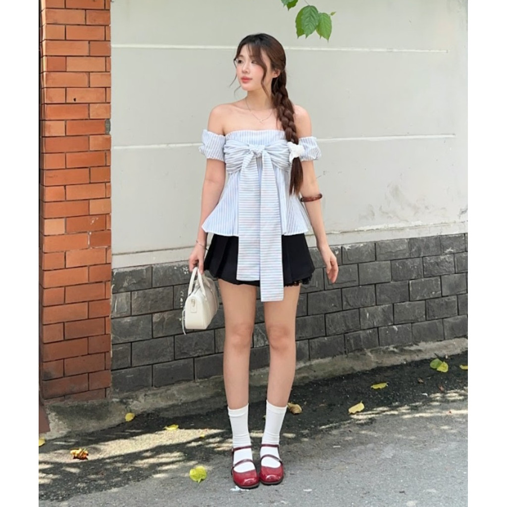 Áo Kiểu Nữ Kẻ Thắt Dây Ôm Eo Tay Bo Chun (tay tháo rời). Áo Sọc Cúp Ngực Phối Nơ Tay Phồng_A699
