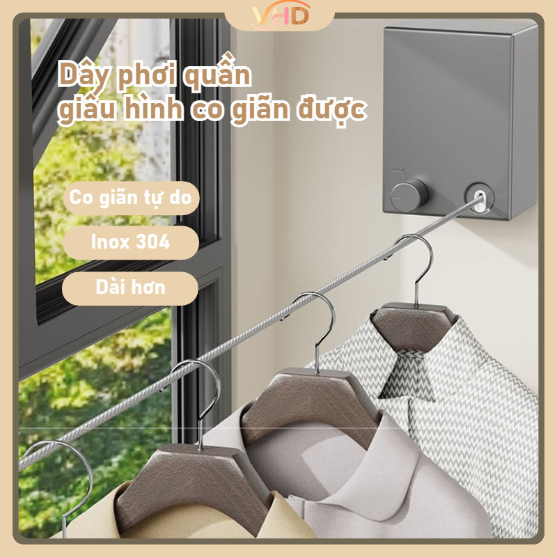 Dây Phơi Quần Áo Rút Gọn Tiện Lợi, dây inox 304 dài 4.2m, giá phơi quần ở ban công/phòng tắm