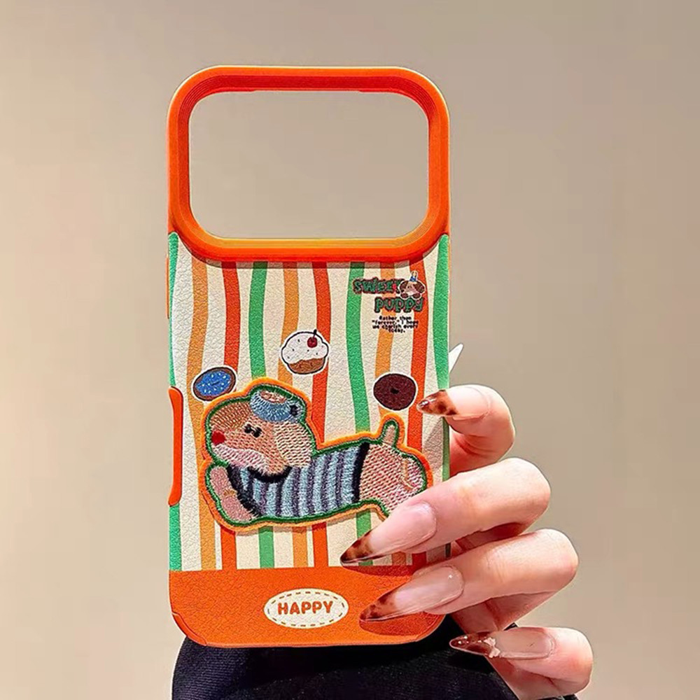 3D Thêu Chó Nhiều Màu Sắc Sọc Da Ốp Lưng Điện Thoại iPhone 17 Pro Max 16 15 14 13 12 Vỏ Bảo Vệ Chống Sốc
