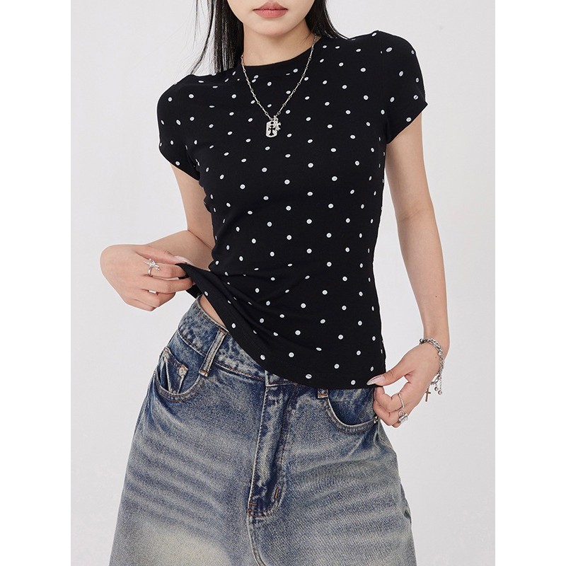Áo Thun Nữ Babytee chấm Bi Form Body Tôn Dáng, Áo Cổ Tròn Basic Chất Cotton Thoáng Mát_A701 -Sammi