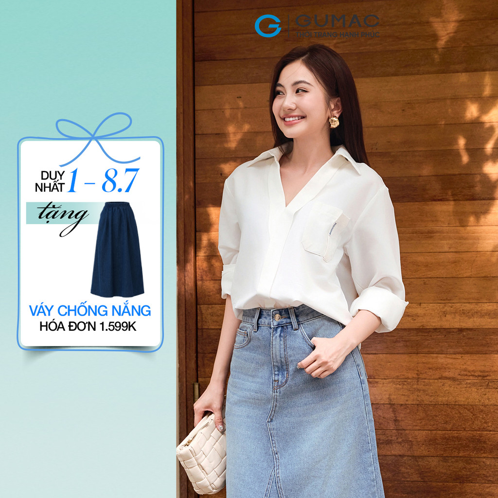 Áo sơ mi nữ Gmorning - GUMAC tay dài cổ tim xẻ V có túi phía trước có túi  YAF12091