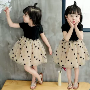 ✿ Bé Gái Ngọt Ngào Đầy Sao Lưới Đầm Đen Tay Ngắn Chắp Vá Lưới Váy Trẻ Em Trang Phục Mùa Hè