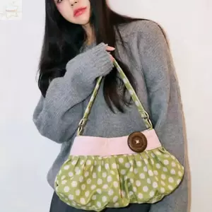 Túi xách chấm bi AWNGD, Túi Tote công suất lớn chấm bi thiết kế xếp li, trang trí nút gỗ cổ điển nhẹ phong cách cổ điển Hàn Quốc Túi xách nữ