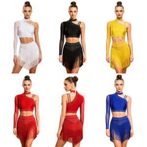 Nyeemya Nữ Latin Salsa Trang Phục Khiêu Vũ Đơn Tay Dài Bất Đối Xứng Vai Kim Cương Giả Crop Top Và Năng Động Tầng Tua Rua Váy Cho Cha Cha Tango