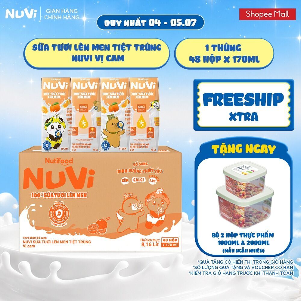 Thùng 48 Hộp Sữa Tươi Lên Men Tiệt Trùng Nuvi vị Cam 170ml