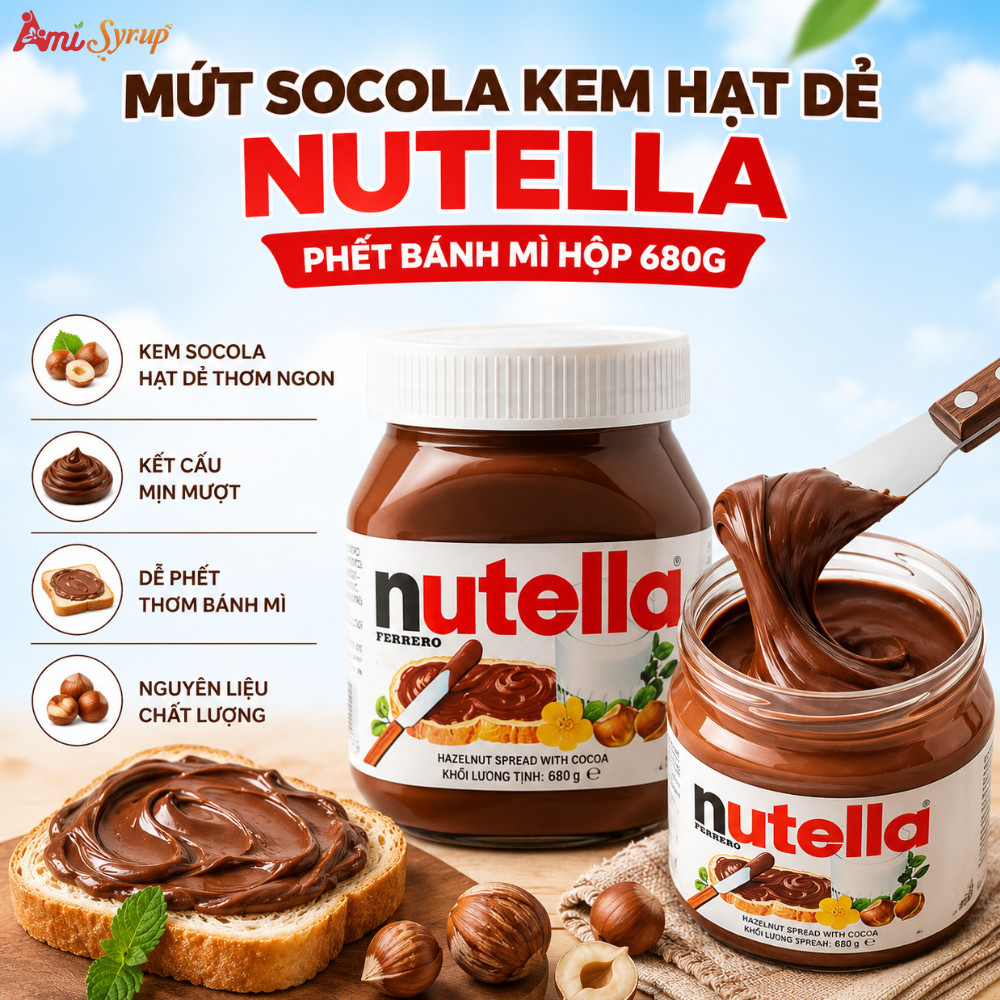 Mứt Socola Kem Hạt Dẻ Nutella Phết Bánh Mì Hộp 680g, Nhân Bánh, Mứt Hạt Dẻ Nhập Khẩu Cao Cấp