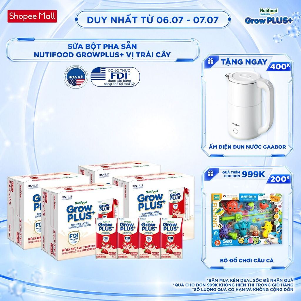 Combo 4 Thùng 24 hộp Sữa bột pha sẵn Nutifood GrowPLUS+ Vị Dâu Sữa hộp 110ml - Trên 1 tuổi