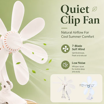 Quạt mini kẹp 7 cánh, quạt bàn hoạt động êm ái, quạt đầu giường, quạt cầm tay dùng cho ký túc xá, văn phòng, nhà ở