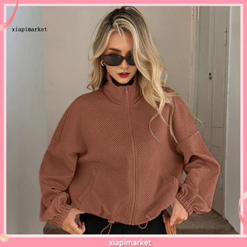XIA| Áo khoác Crop có khóa kéo đầy đủ dành cho nữ có cổ đứng Túi viền dây rút – Áo nỉ mùa thu nhẹ hoàn hảo để mặc hàng ngày Áo khoác nữ dài tay