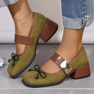 Giày cao gót nữ nhiều màu Mary Jane, Giày cao gót giả da lộn có khóa kim loại cổ điển giữa gót cổ điển, Giày cao gót mũi vuông cổ điển Màu sắc tương phản viền Mary Jane, Giày công sở có dây buộc trang