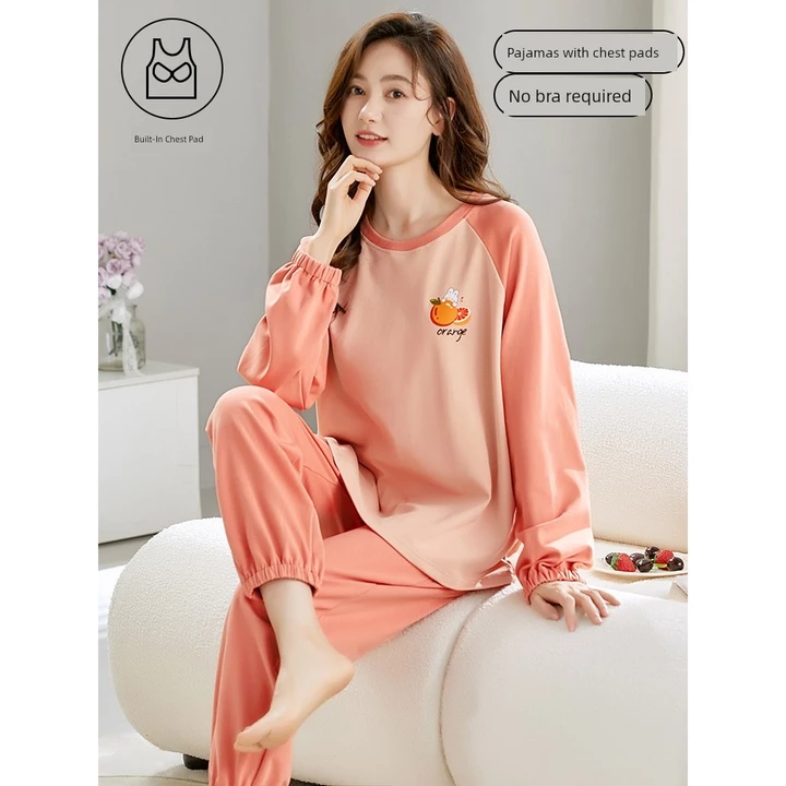 set thu đông nữ bộ đồ ngủ nữ dài tay Bộ đồ ngủ đệm ngực bằng cotton nguyên chất mẫu mới năm 2025 bộ quần dài tay kiểu Hàn Quốc xuân thu nữ bộ đồ mặc nhà thiếu nữ tươi trẻ