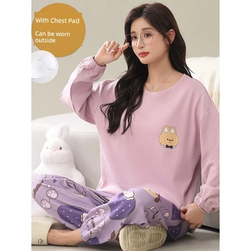 set đồ ngủ dài bộ đồ ngủ nữ dài tay Đồ ngủ có đệm ngực quần dài tay mùa thu 2026 nữ bộ đồ mặc nhà có thể mặc bên ngoài hoạt hình ngọt ngào thiếu nữ cổ tròn