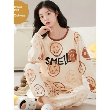 set đồ ngủ dài set thu đông nữ Bộ đồ ngủ dài tay có đệm ngực mẫu mới mùa thu 2026 nữ bộ đồ mặc nhà có thể mặc bên ngoài cho nữ hoạt hình dễ thương xuân thu