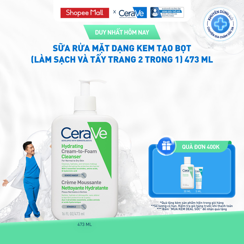 Sữa rửa mặt dạng kem tạo bọt (làm sạch và tẩy trang 2 trong 1) Hydrating Cream-to-Foam Cleanser 473ml