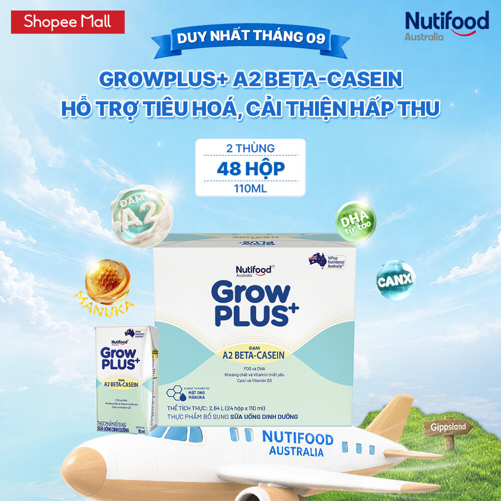Combo 2 x Thùng 24 hộp Sữa bột pha sẵn GrowPLUS+ A2 beta-casein Hộp 110ml hỗ trợ tiêu hóa, hấp thu dưỡng chất