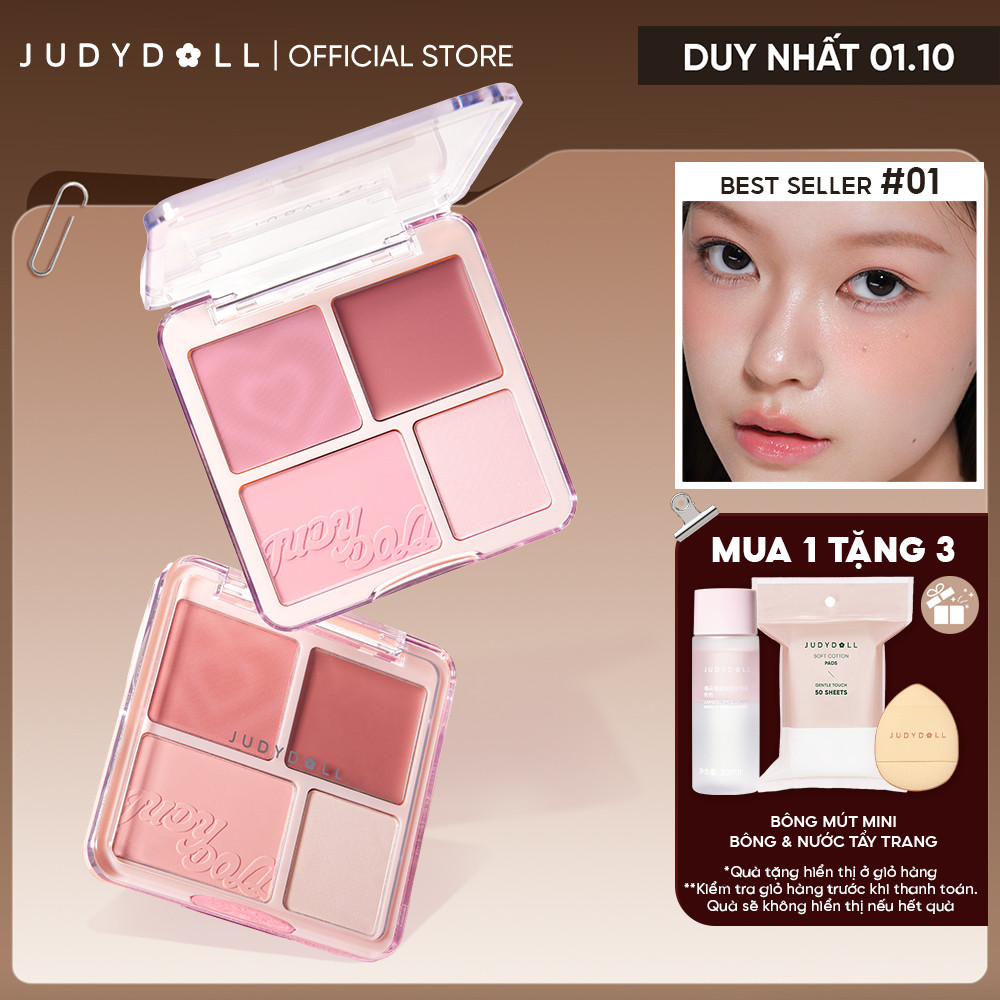 Bảng Phấn Má Hồng & Bắt Sáng 4 Ô JUDYDOLL Blush & Highlight Palette Chất phấn + Má hồng kem Mềm mịn Tiệp da Lâu Trôi 9g