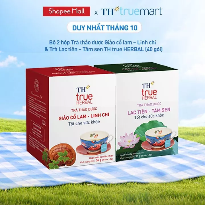 Bộ 2 hộp trà thảo dược TH true HERBAL Giảo cổ lam – Linh chi & Trà Lạc tiên – Tâm sen (40 gói)