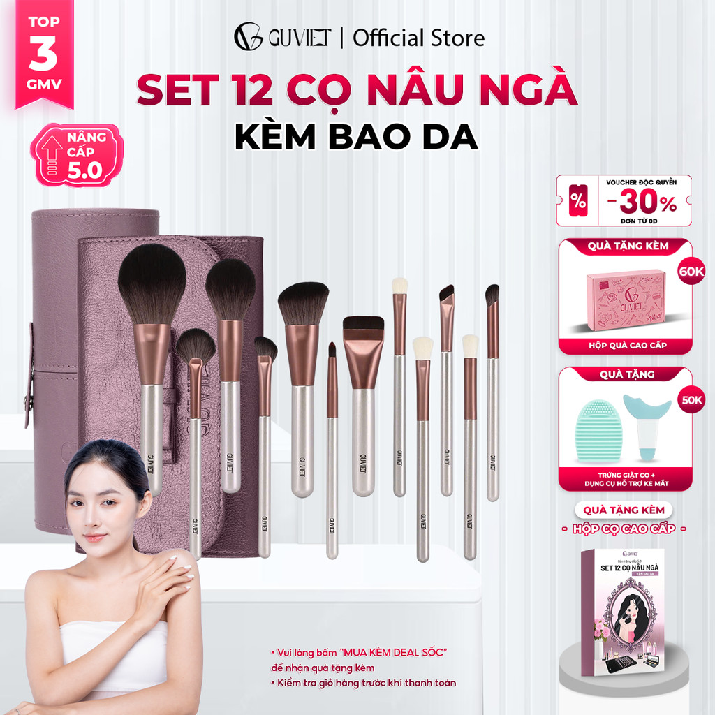 Bộ Cọ Trang Điểm Cá Nhân GUVIET 12 Cây Nâu Ngà Có Bao Da