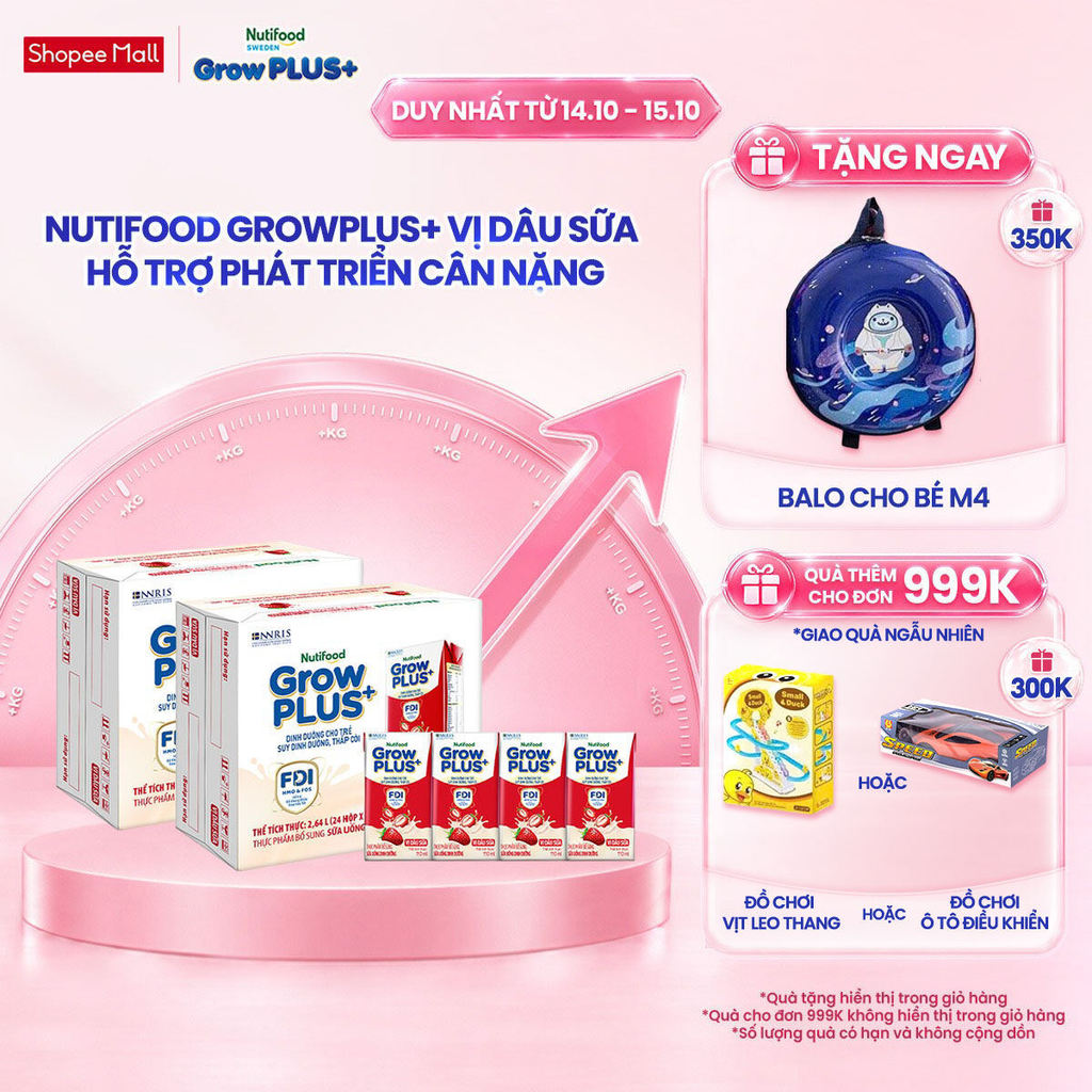 Combo 2 Thùng 24 hộp Sữa bột pha sẵn Nutifood GrowPLUS+ Vị Dâu Sữa hộp 110ml - Trên 1 tuổi