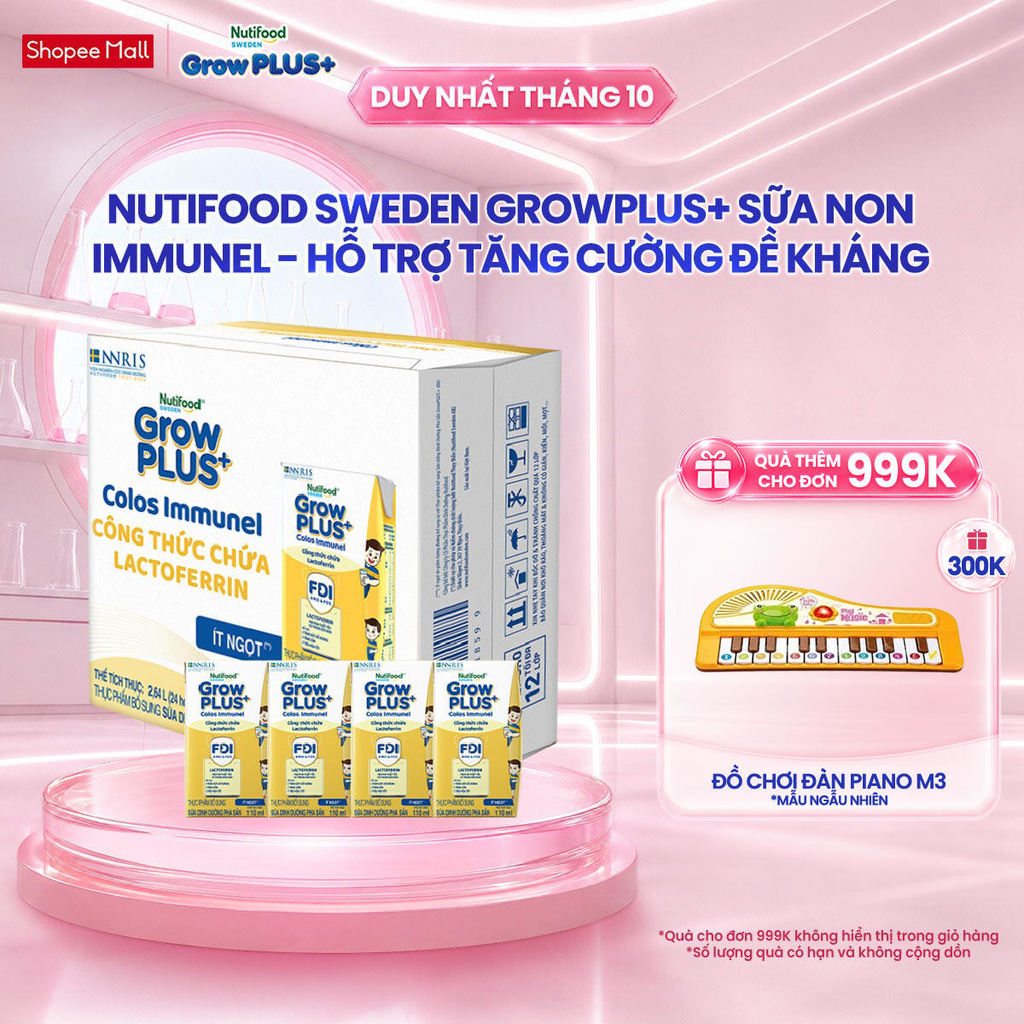 Thùng 24 hộp Sữa Bột Pha Sẵn Nutifood Sweden GrowPLUS+ Sữa Non Immunel (24 hộp x 110 ml) (Bao bì tuỳ lô hàng)