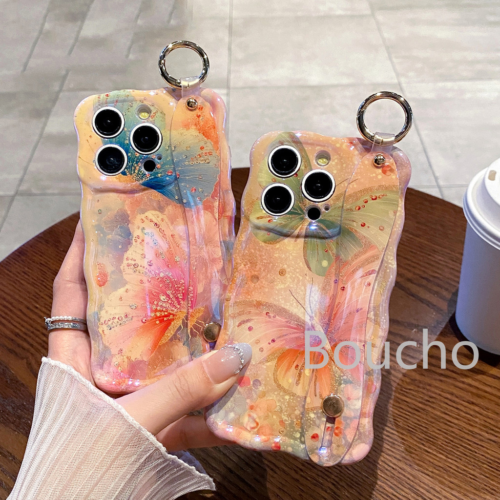 Dây Đeo Tay Ốp Điện Thoại Cho iPhone 17 Pro Max 16 15 14 plus 13 12 Pro Max 16e Tranh Dầu Bướm Vỏ Cho iPhone Air 11 Pro Max 12promax IMD Ốp Lưng Chống Sốc Khung Sóng