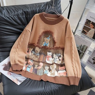 Áo chui đầu hoạt hình len dày phong cách retro, thời trang thu đông