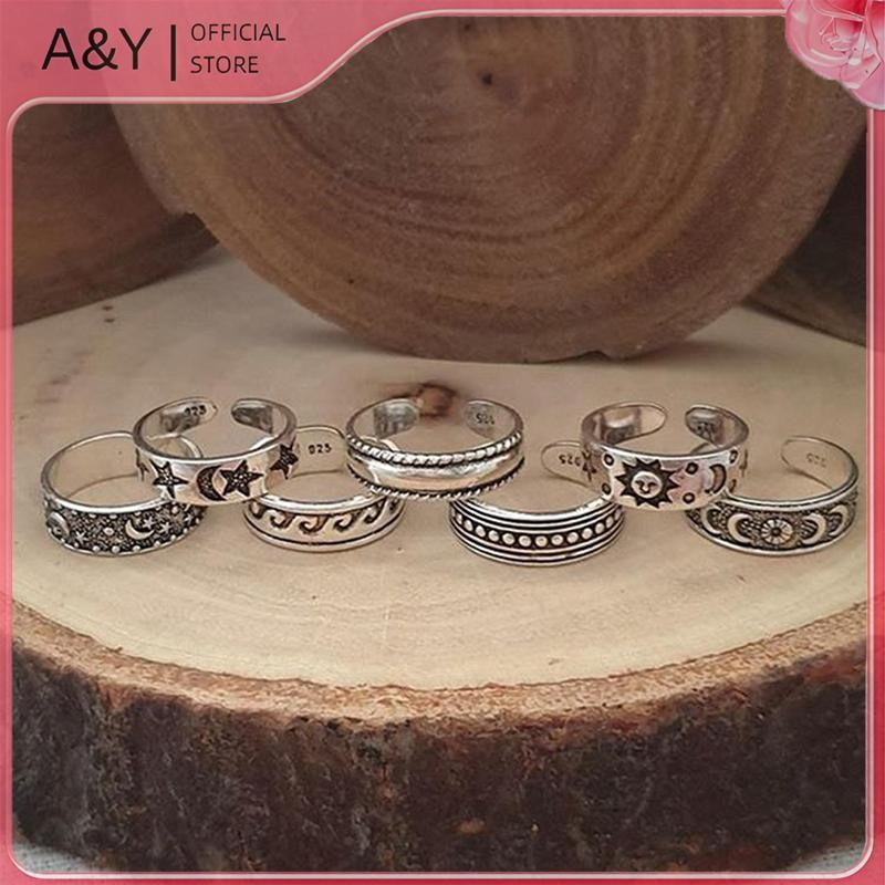 A & Y 7 Chiếc Vintage Rỗng Khắc Sao Mặt Trăng Ngón Chân Bộ Dụng Cụ Nhẫn Mở Ngón Tay Có Thể Điều Chỉnh.