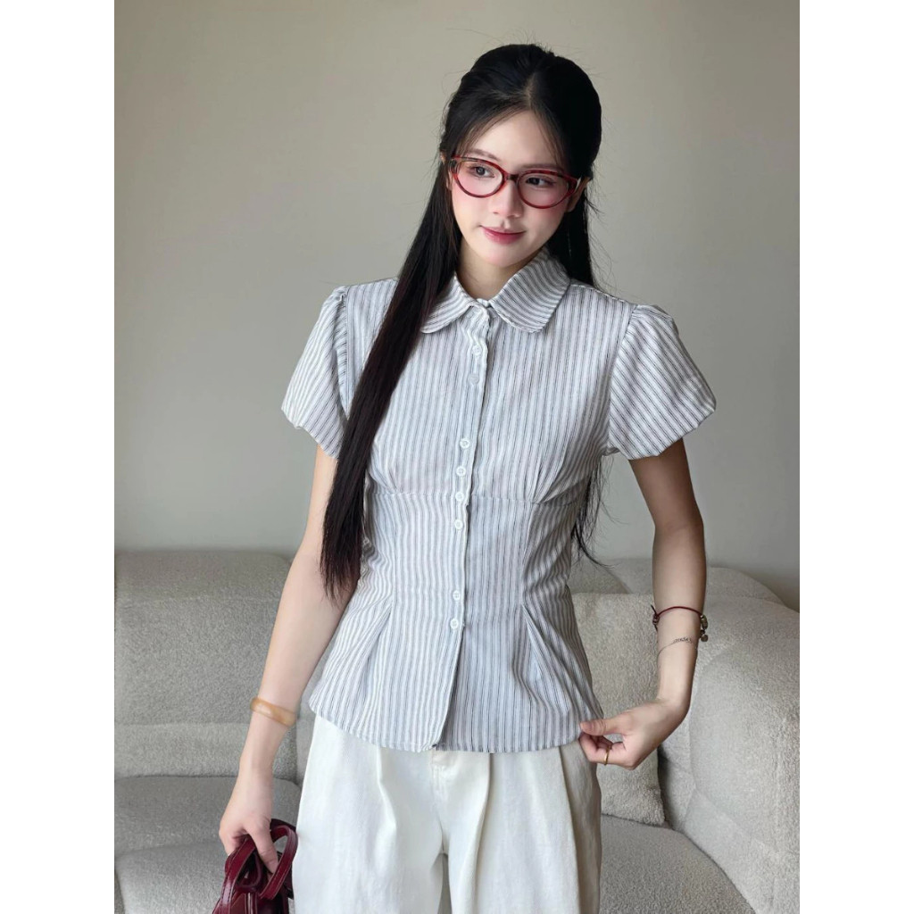 Áo Sơ Mi Nữ Tay Ngắn Bồng Cổ Đức Gấp Thắt Eo Dáng Lửng Chất Mềm Mát  - Ceci.studio - A547