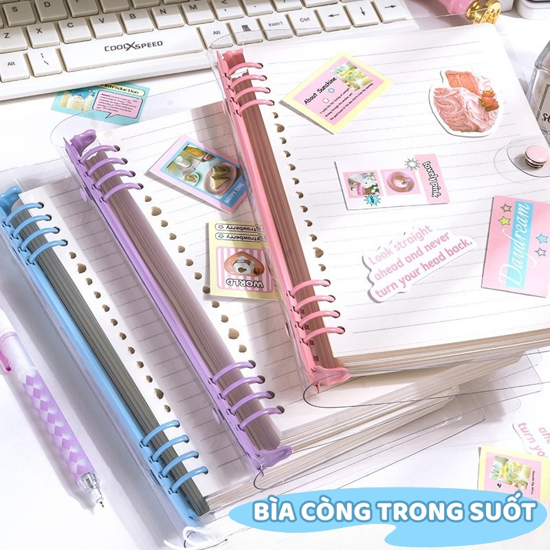 Sổ Còng Thay Giấy Trong Suốt A5 Kèm Sticker Trang Trí – Sổ Ghi Chép, Planner, Bullet Journal Dễ Thương