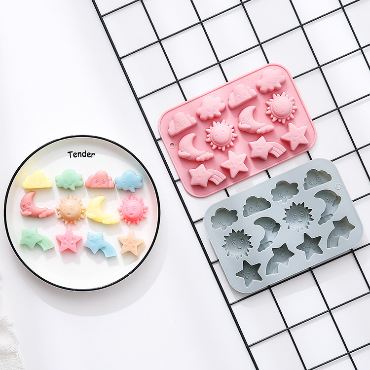 12 Khoang Mây Mặt Trăng Mặt Trời Chảy Trái Tim Hình Ngôi Sao Khuôn Silicon Nướng Bánh Sô Cô La Bánh Trang Trí Khuôn * & * *