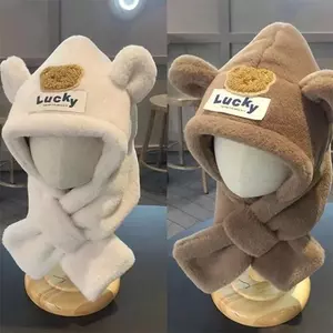 Lucky Mũ Len Gấu Lucky Kèm Khăn Cực Ấm Kèm Khăn Quàng Cổ Giữ Ấm Cho Mùa Đông Chất Liệu Mềm Mại Và Ấm Áp