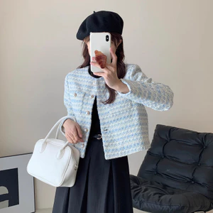 áo khoác caro xanh dương dạ tweed nữ hàn quốc dễ thương áo khoác thu ngoài mỏng cardigan y2k ôm body