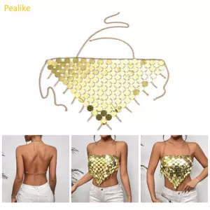 Pealike Lấp Lánh Kim Loại Kim Sa Lấp Lánh Tua Rua Halter Bikini Áo Ngực Crop Cho Nữ Đảng Hộp Đêm Cơ Thể Dây Xích Trang Sức Truy Cập