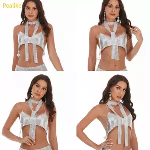 Pealike Nữ Dây Tua Rua Không Lưng Crop Tops Không Tay Kim Sa Lấp Lánh Dây Xích Camisole