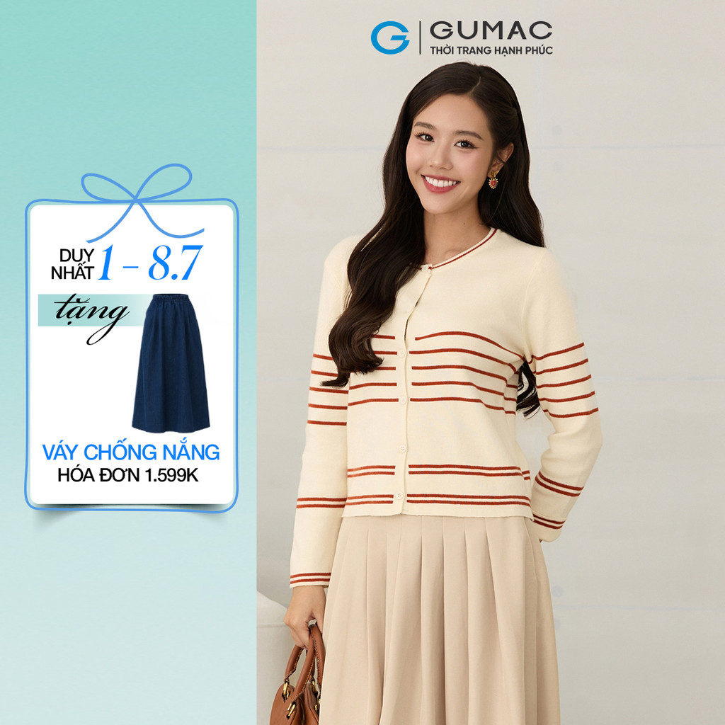 Áo len cardigan GUMAC form suông cổ tròn tay dài có viền sọc AF12017