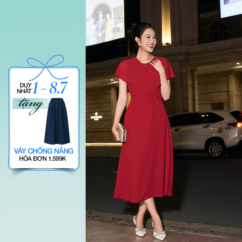 Đầm GUMAC form A xòe kiểu tay cánh tiên đầm may hai lớp DF12037