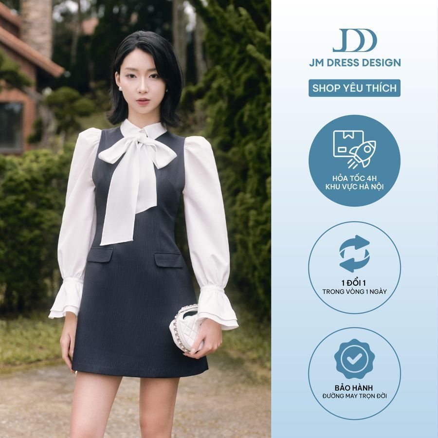 Đầm Kẻ Dáng Ôm A Tay Bồng Phối Nơ Cổ 1F01.2508K. Đầm Công Sở Tiểu Thư Thanh Lịch Thiết Kế Bởi JM Dress Design