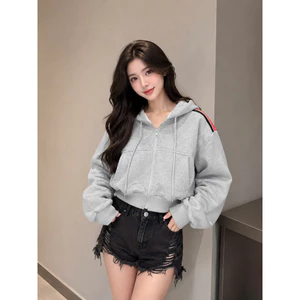 Áo Khoác Hoodie Nỉ Form Rộng Croptop Khóa Kéo 3 Sọc Tay Phối Màu Nữ Cá Tính