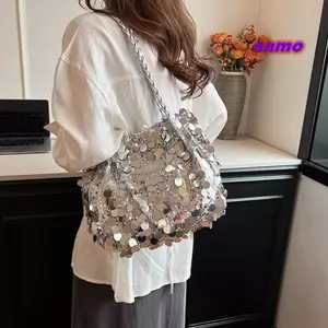 Túi đeo vai SAMO, Túi Tote màu trơn lấp lánh, Túi xách thời trang có dây kéo dung tích lớn di động dành cho nữ