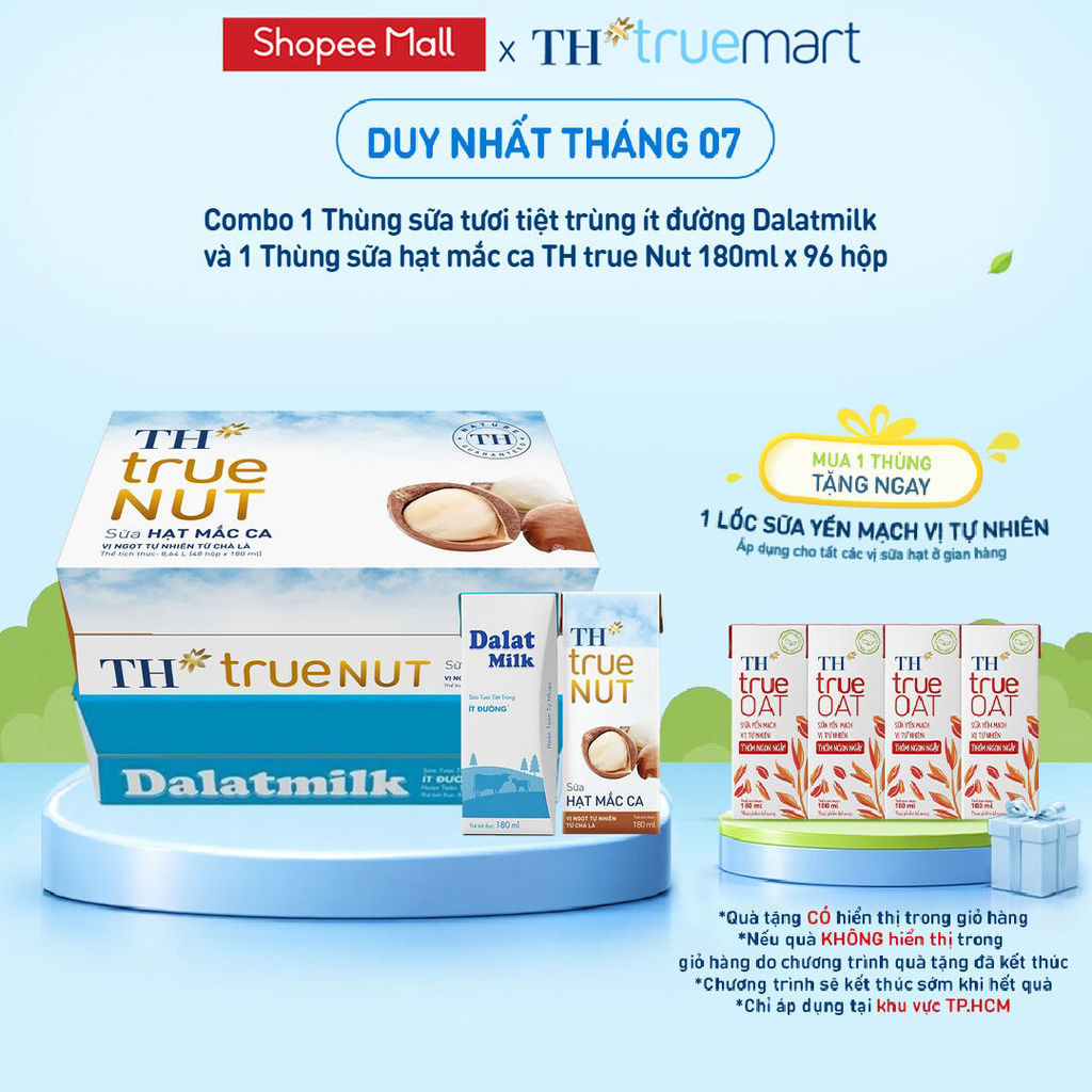 Combo 1 Thùng sữa tươi tiệt trùng ít đường Dalatmilk và 1 Thùng sữa hạt mắc ca TH true Nut 180ml x 96 hộp