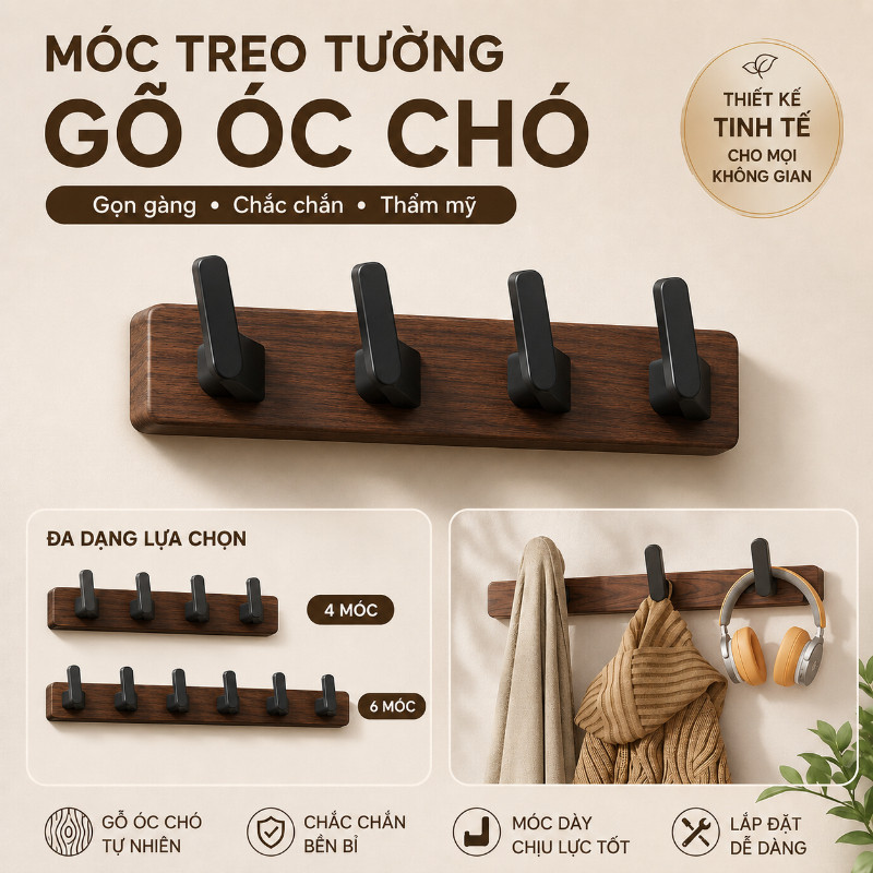 Móc Treo Đồ Đa Năng Bằng Gỗ Óc Chó - Thiết Kế Tinh Tế, Tải Trọng Lớn, Lắp Đặt Linh Hoạt , Treo Đồ Đa Dạng