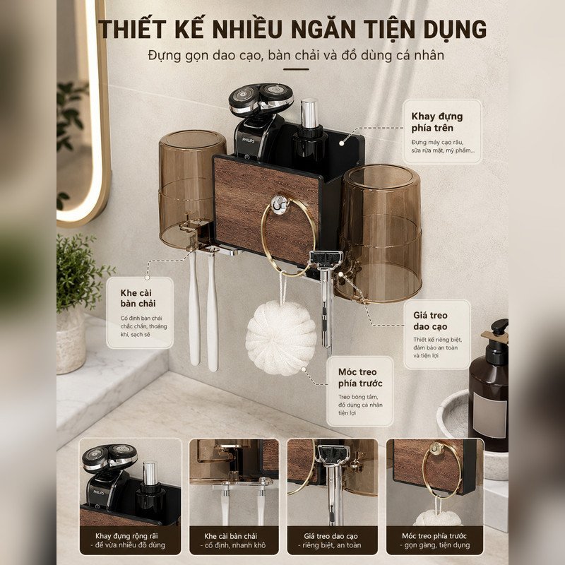 Kệ Đựng Bàn Chải Đánh Răng Hút Chân Không Dán Tường Không Khoan Nhựa Pet Có Cốc