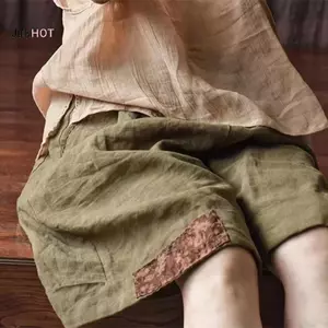 JULYHOT Nữ Retro Phong Cách Dân Tộc Miếng Dán Oversize Vải Lanh Cotton Quần Ngắn Mùa Hè Thường Ngày Cao Cấp Đi Biển Quần Short Massivedeals
