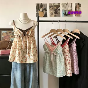 SAMO Hoa Camisole, Áo Crop top họa tiết hoa không lưng, Ren Trim Ren Cami Top Trang phục mùa hè dành cho nữ