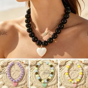 Vòng cổ mặt dây chuyền trái tim JUIC, Vòng cổ đính cườm phong cách Bohemian Acrylic, Quà tặng Hạt đầy màu sắc Mặt dây chuyền có thể điều chỉnh Trang sức Bãi biển mùa hè
