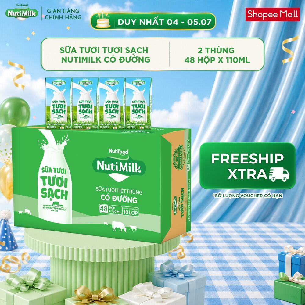 COMBO 2 Thùng 48 Hộp Sữa Tươi Tươi Sạch NutiMilk Có Đường 110ml