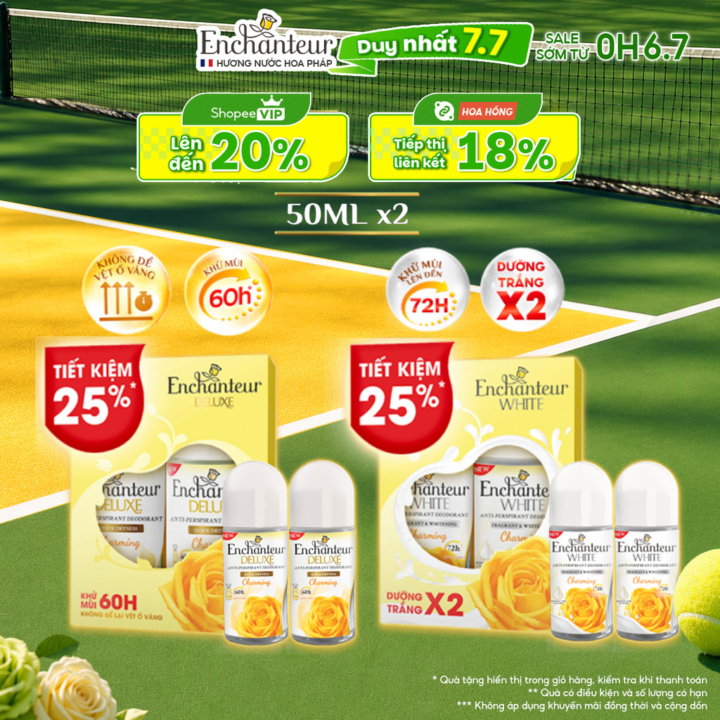 [COMBO TIẾT KIỆM] Lăn Khử Mùi Enchanteur Dưỡng Trắng Thơm Mịn / Hương Nước Hoa Pháp Không Để Lại Vệt Ố Vàng 50mlx2