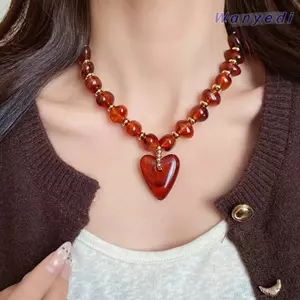 WANYEDI Đính Hạt Vòng Cổ, Vòng Cổ Mặt Dây Chuyền Trái Tim Acrylic Có Thể Điều Chỉnh, Hạt Phong Cách Bohemian Mặt Dây Chuyền Trang Sức Dự Tiệc Phụ Kiện