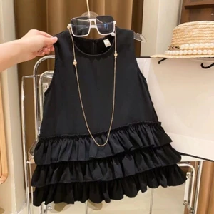Váy bánh xếp nếp không tay màu đen cho bé gái Váy xếp nếp nhiều lớp dành cho trẻ em Váy dự tiệc mùa hè ngọt ngào