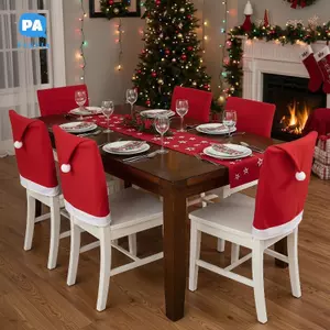 Vỏ bọc ghế ông già Noel Giáng sinh đáng yêu Viền trắng mềm Pompom 1 / 4 / 6 / 8 / 12 Cái dành cho trẻ em Trang trí tiệc tại nhà theo chủ đề Giáng sinh VN